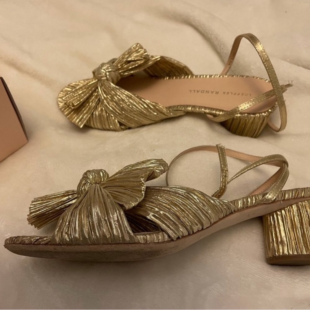 Loeffler Randall gold pleated knot heels